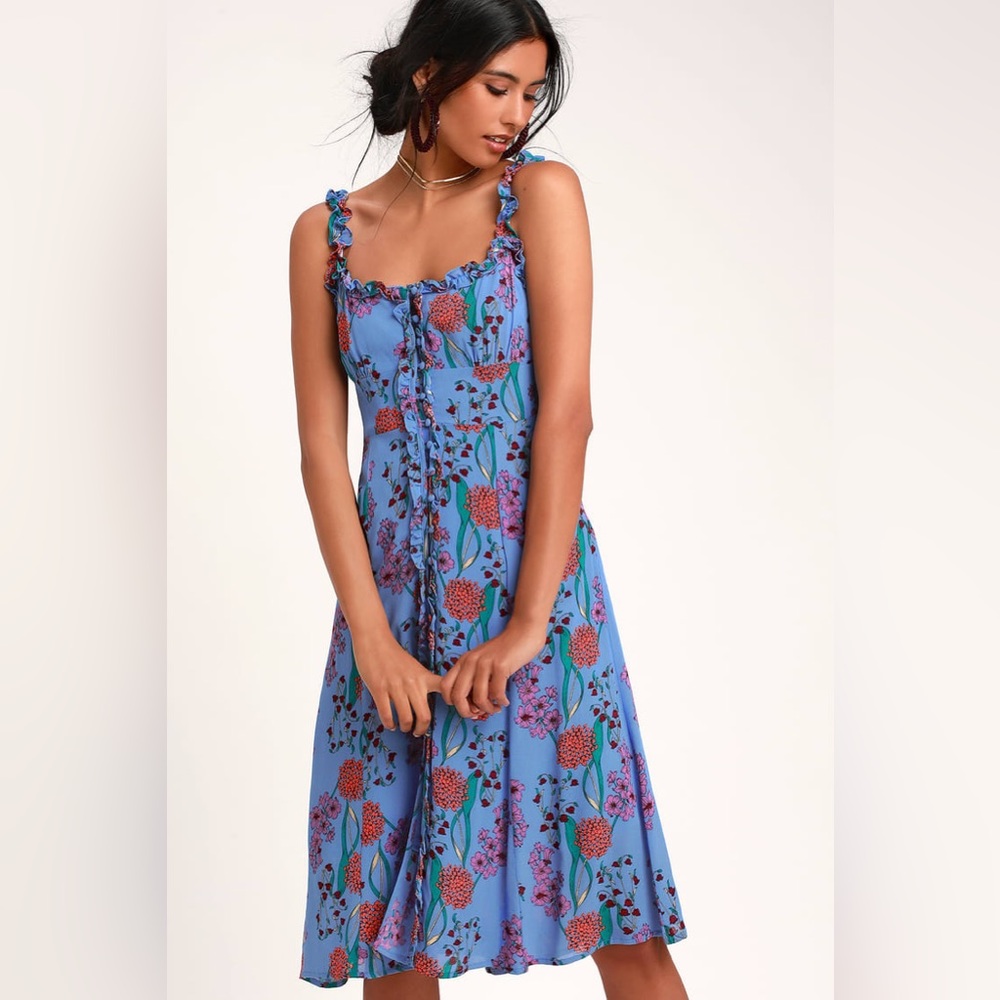 ASTR Blue Floral Print Button-Up Midi Dress